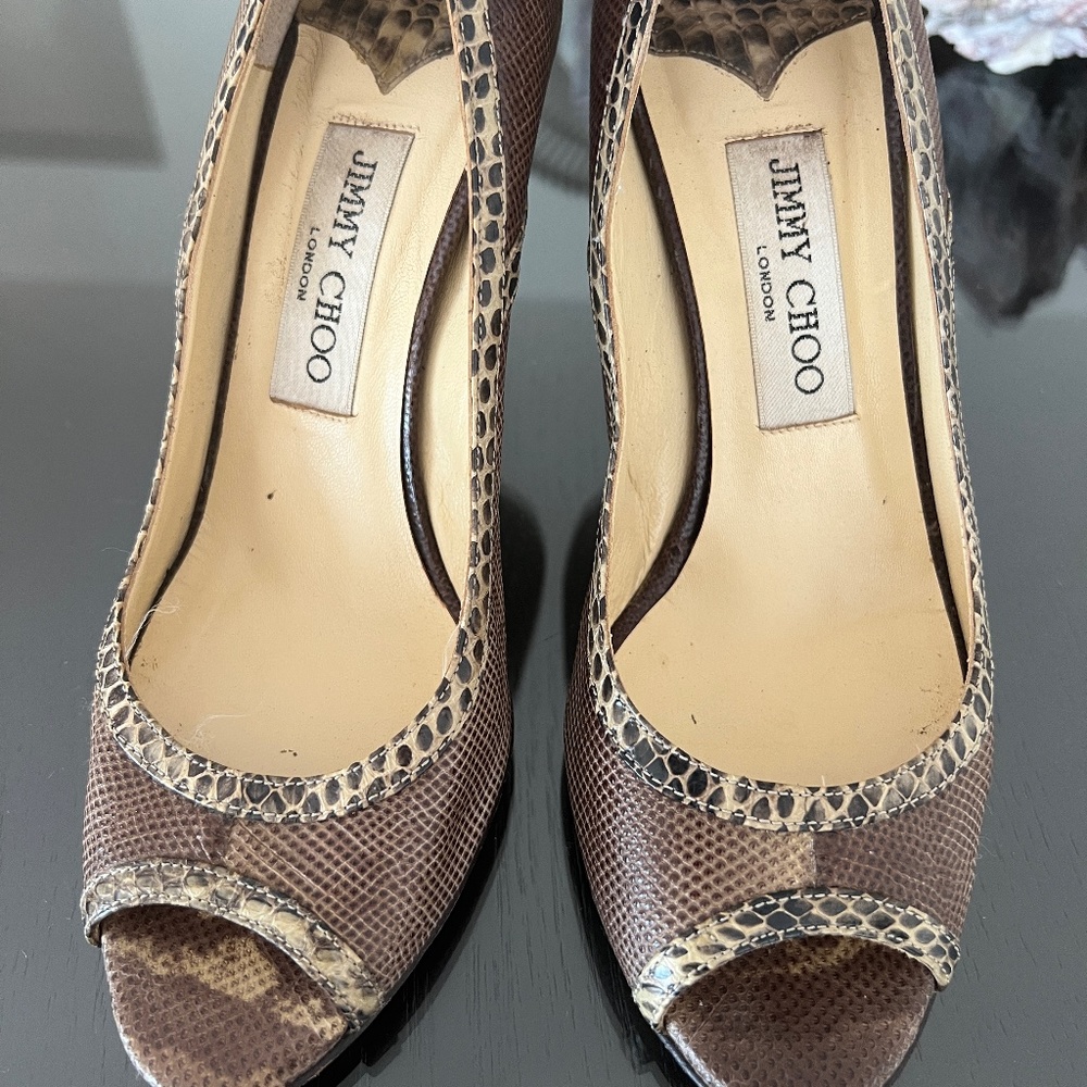 Jimmy Choo Snakeskin Peep Toe Pumps - 36